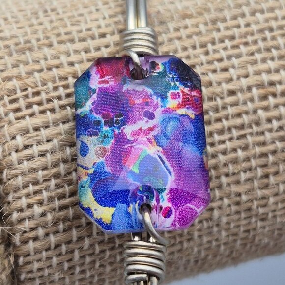 Luca & Danni Dylan Silver Tone Bangle Bracelet Ink Drop Faceted Bead Cute Colorf - Picture 2 of 5